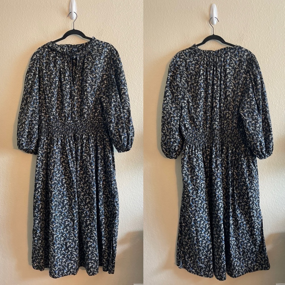 GAP Puff Sleeve Smocked Midi Dress Dark Floral Cottagecore Womens Size XXL Tall - Picture 3 of 13